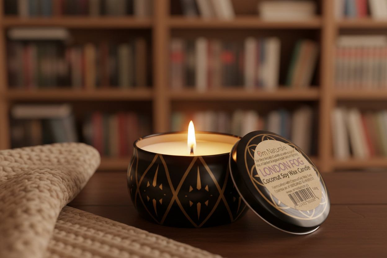 Om Naturale Coconut Wax Candles collection – small batch, 100% pure coconut soy wax scented with pure essential oils, vegan no palm oil, sustainable jars & tins handcrafted in Armstrong BC