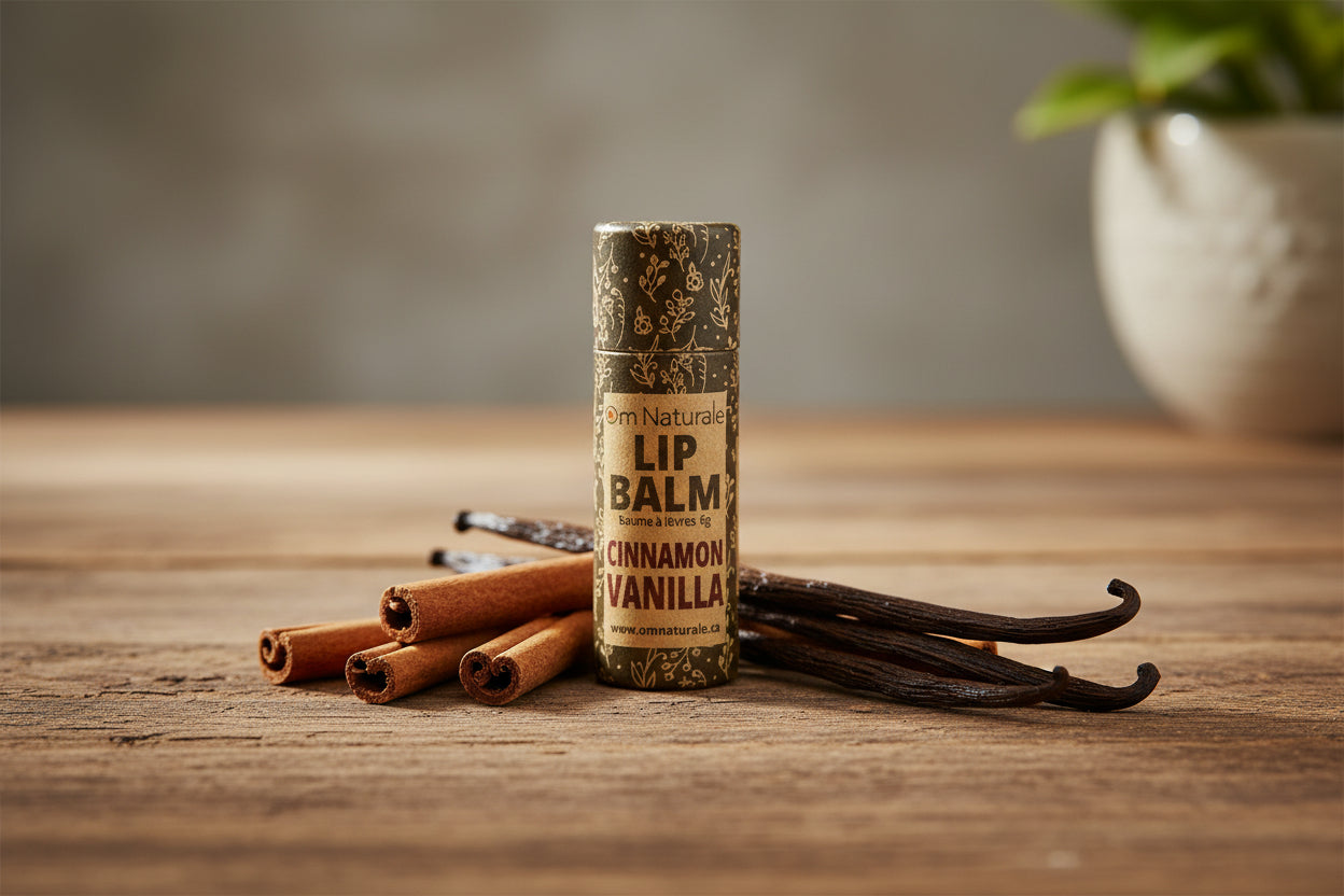 Cinnamon Vanilla Compostable Lip Balm by Om Naturale displayed in a lifestyle setting, natural balm in compostable tube for soft, hydrated lips