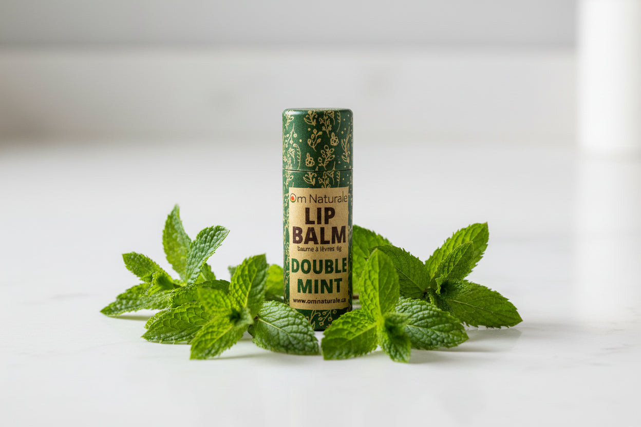 Double Mint Compostable Lip Balm by Om Naturale in a lifestyle scene, natural balm in compostable tube for everyday lip care
