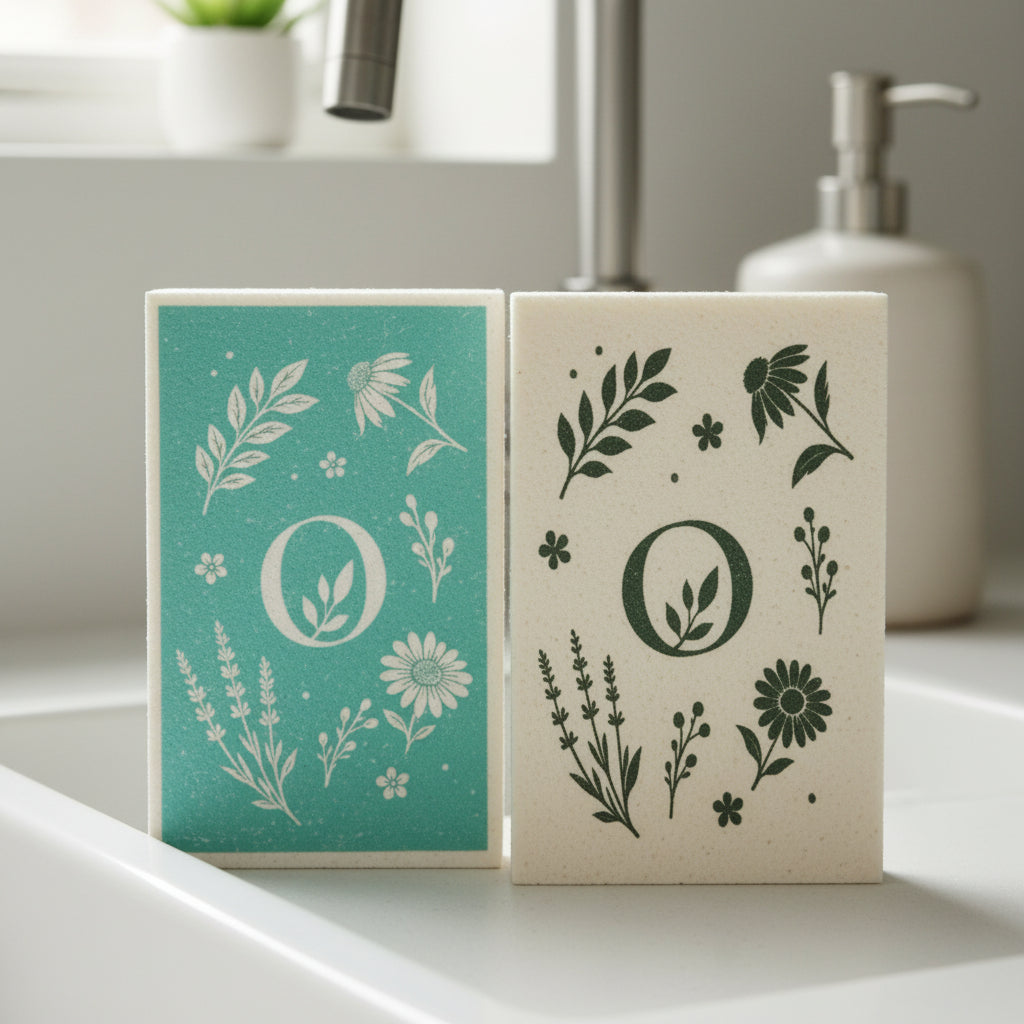 Reusable compostable Eco Cleaning Sponges with natural botanical design for everyday kitchen cleaning.
