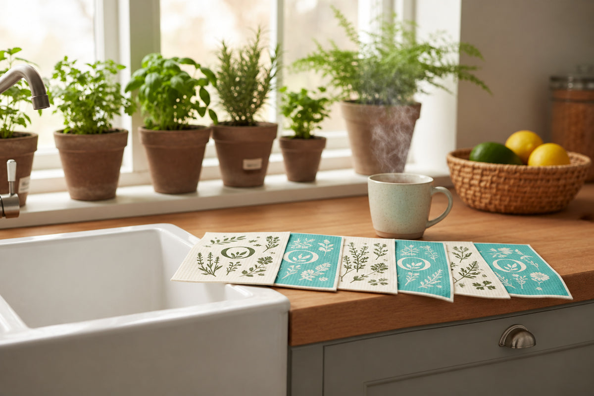 Teal and natural Om Naturale reusable Eco Cloths made from compostable cellulose and cotton, displayed in a kitchen setting.