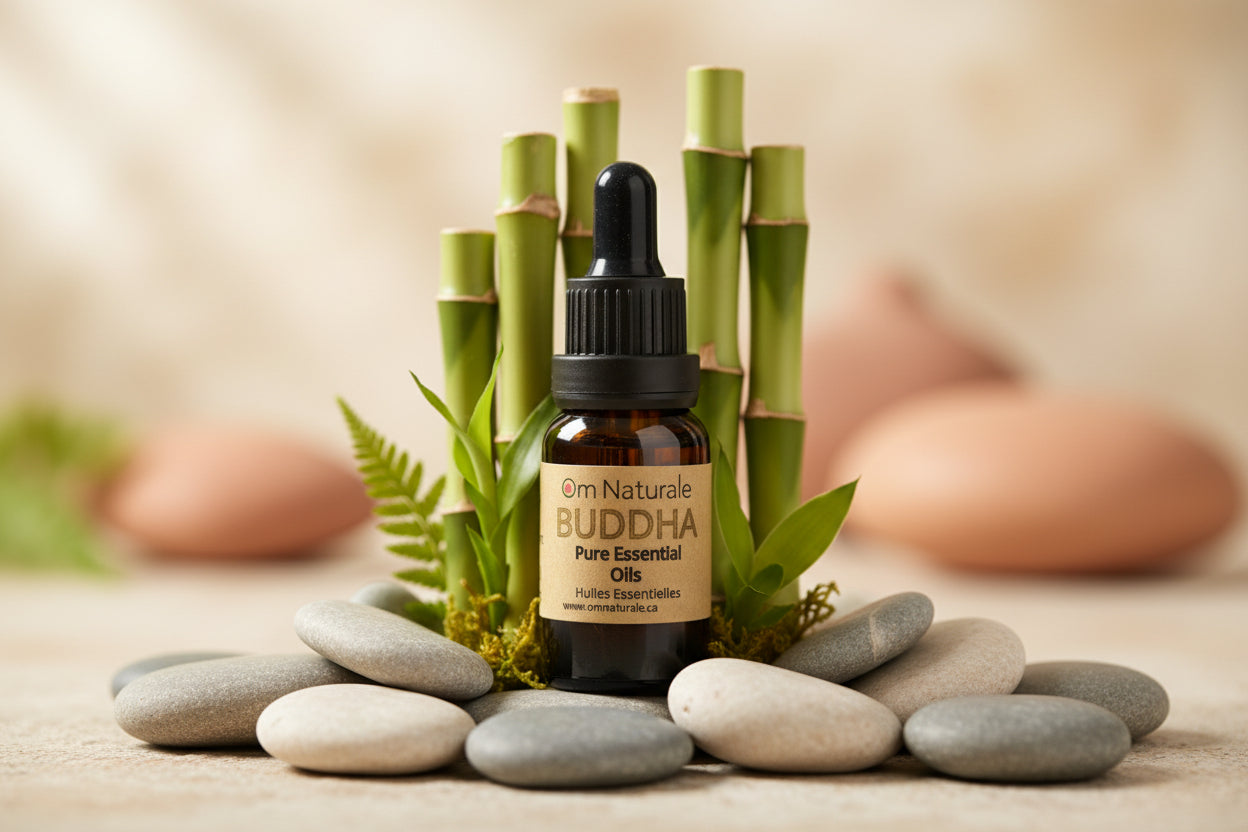 Om Naturale Essential Oils collection – small batch therapeutic-grade singles, Buddha blend & refillable car diffuser in sustainable packaging, handcrafted in Armstrong BC