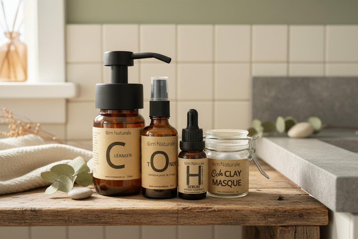 Om Naturale Face & Skin Care collection – small batch Coh line with cleanser, toner, serum, masque in sustainable refillable packaging, handcrafted in Armstrong BC