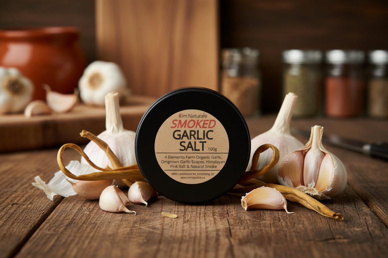Handcrafted garlic salt collection from OmanTurale in Armstrong BC – regular and smoked varieties in sustainable glass jars, small batch with quality natural ingredients