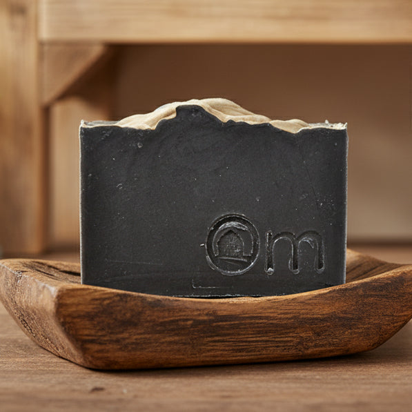 Hygge Farmcrafted Soap – palm oil-free organic base black charcoal bar handcrafted in Armstrong BC with activated charcoal for soothing sensitive skin & face, lightly scented with vanilla, lavender, chamomile & fir essential oils, vegan natural gentle soap from Om Naturale, free shipping BC & Alberta over $125