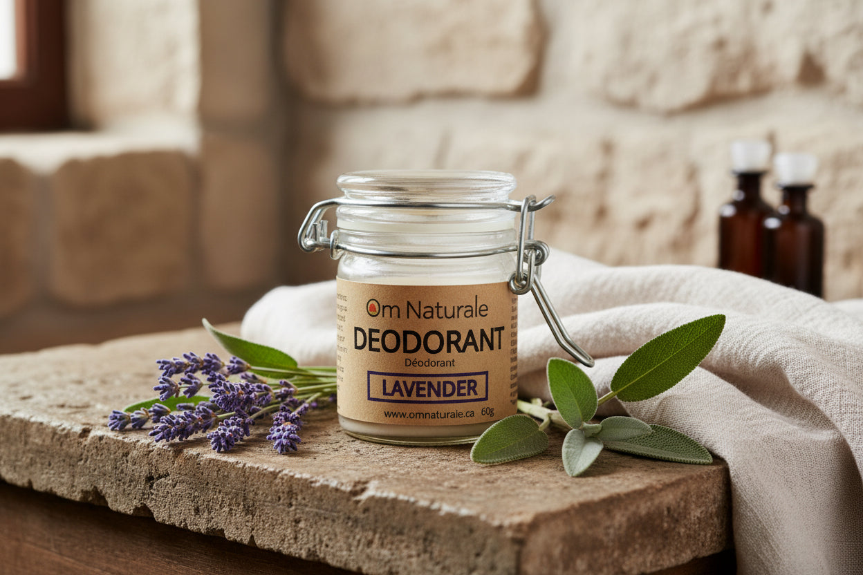 Lavender natural deodorant applied from jar – Okanagan sage infused aluminum-free formula, subtle fresh scent without residue, eco-friendly daily use from Om Naturale.