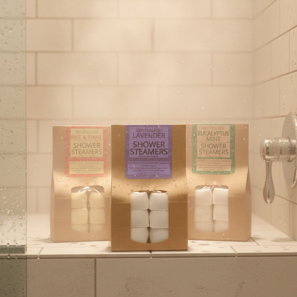 Mini Shower Steamers 6-Pack variety – natural aromatherapy in Lavender, Rise & Shine citrus, and Eucalyptus Mint scents, handcrafted by Om Naturale in Armstrong, BC.