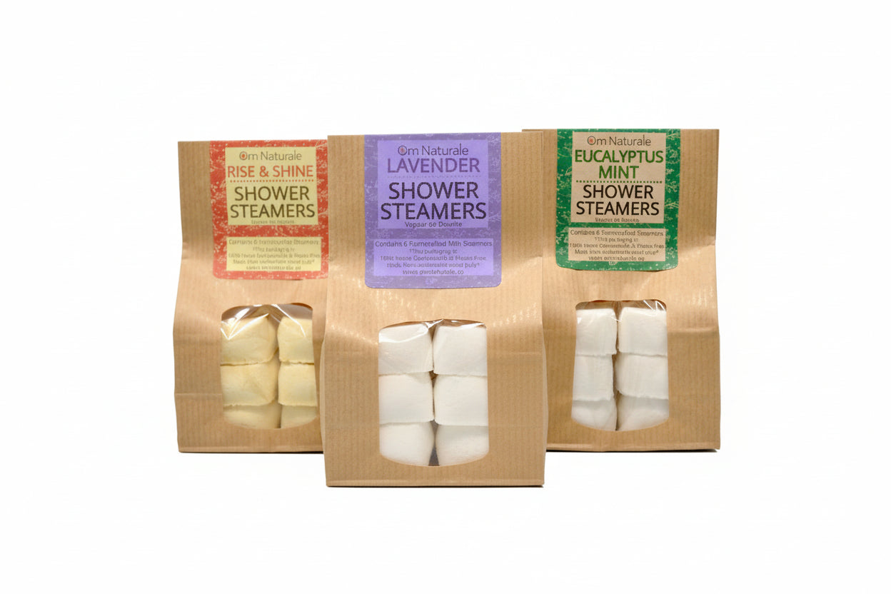Mini Shower Steamers 6-Pack variety – natural aromatherapy in Lavender, Rise & Shine citrus, and Eucalyptus Mint scents, essential oil tablets from Om Naturale BC.