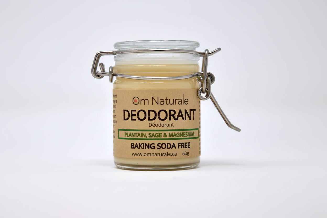 Baking Soda Free Natural Deodorant by Om Naturale – magnesium hydroxide arrowroot base with Omgrown sage, gentle for sensitive skin, essential oils scent, aluminum-free farmcrafted BC.