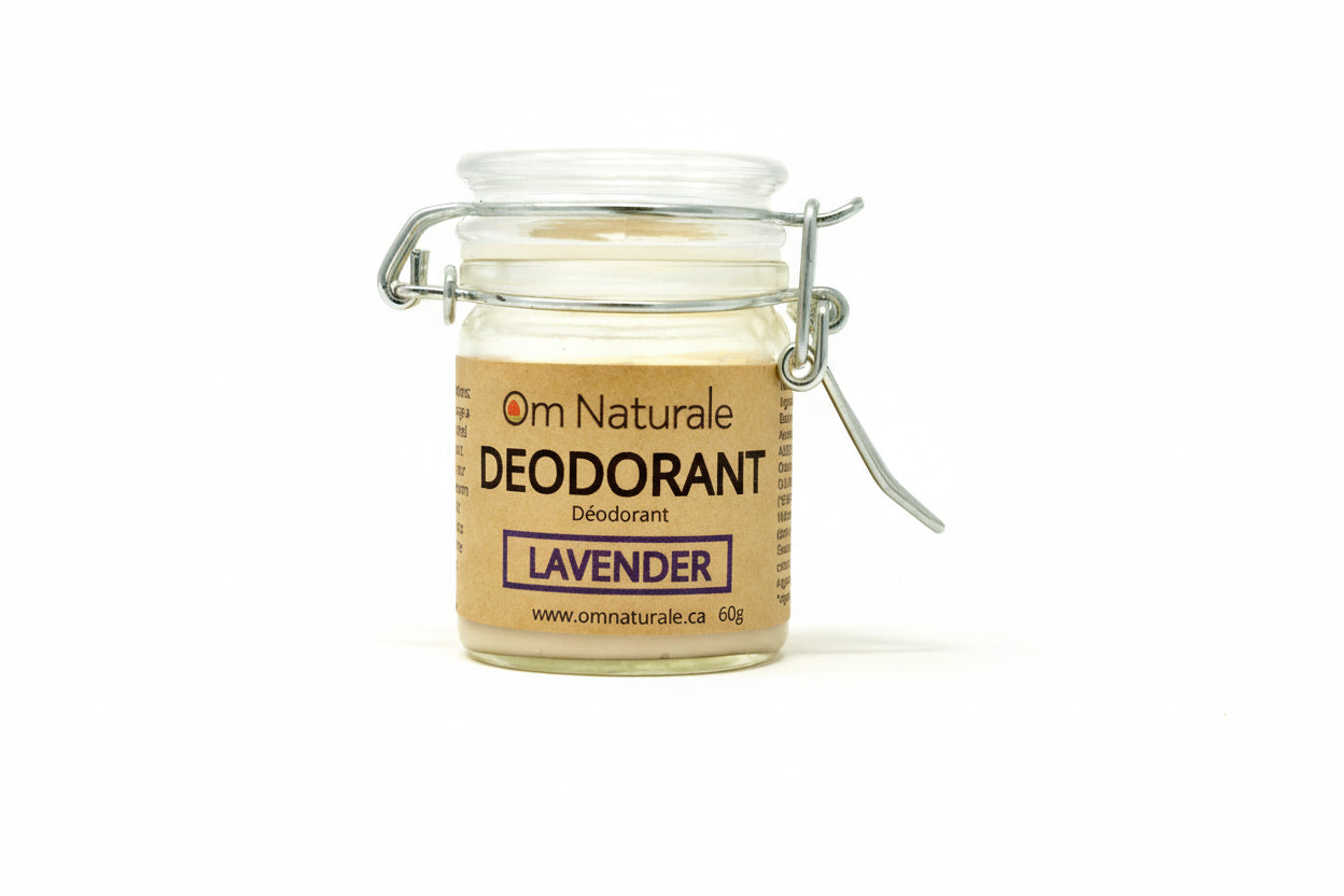 Lavender Natural Deodorant by Om Naturale – aluminum-free paste with Omgrown sage, lavender rosemary peppermint essential oils for calming herbal scent, gentle effective odor protection, handmade BC.
