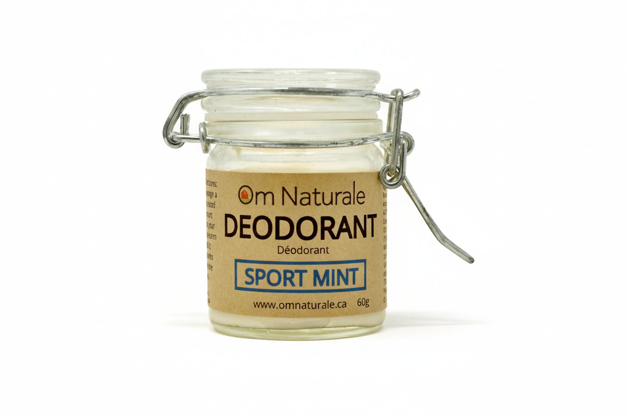 Sport Mint Natural Deodorant by Om Naturale – invigorating mint-forward essential oils, Omgrown sage aluminum-free for active use, effective long-lasting odor protection, BC farmcrafted.