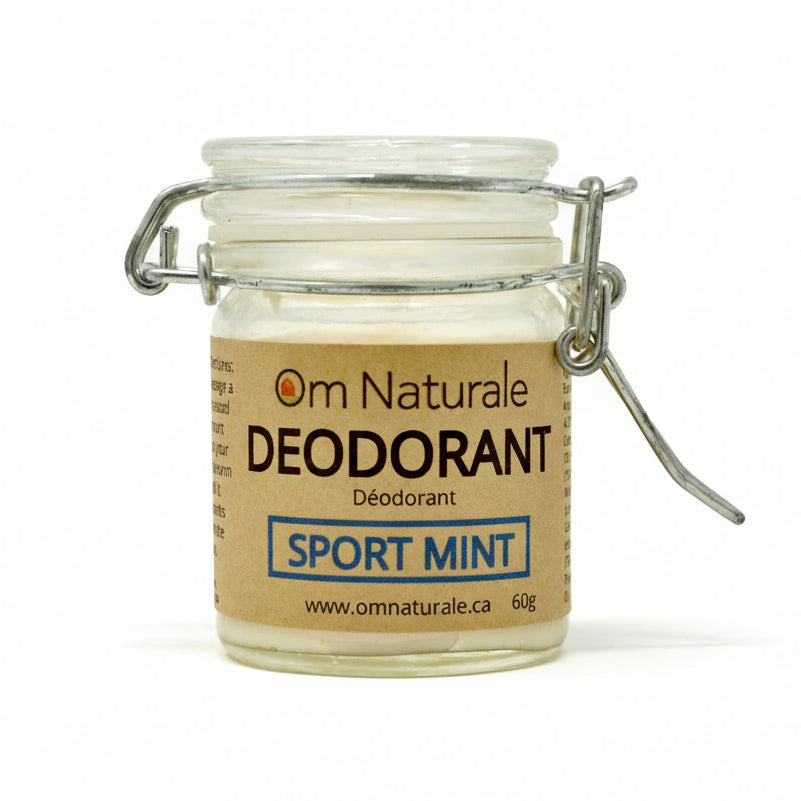 Sport Mint Natural Deodorant by Om Naturale – invigorating mint-forward essential oils, Omgrown sage aluminum-free for active use, effective long-lasting odor protection, BC farmcrafted.