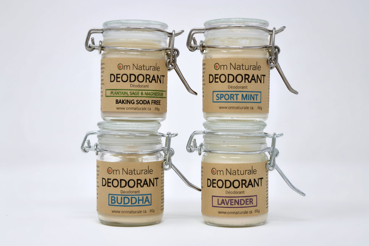 Natural Deodorant by Om Naturale – 4 variants (Lavender, Buddha, Sport Mint, Baking Soda Free) in jars, Omgrown Okanagan sage-based aluminum-free formula with essential oils for subtle odor control, farmcrafted in Armstrong BC Canada.