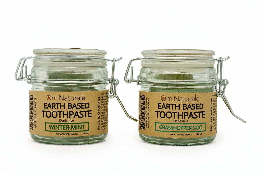 Natural Fluoride-Free Toothpaste by Om Naturale – Wintermint and Grasshopper Goo variants in jars/tubes, organic coconut oil calendula xylitol formula, glycerin-free SLS-free earth-based oral care farmcrafted in Armstrong BC Canada.