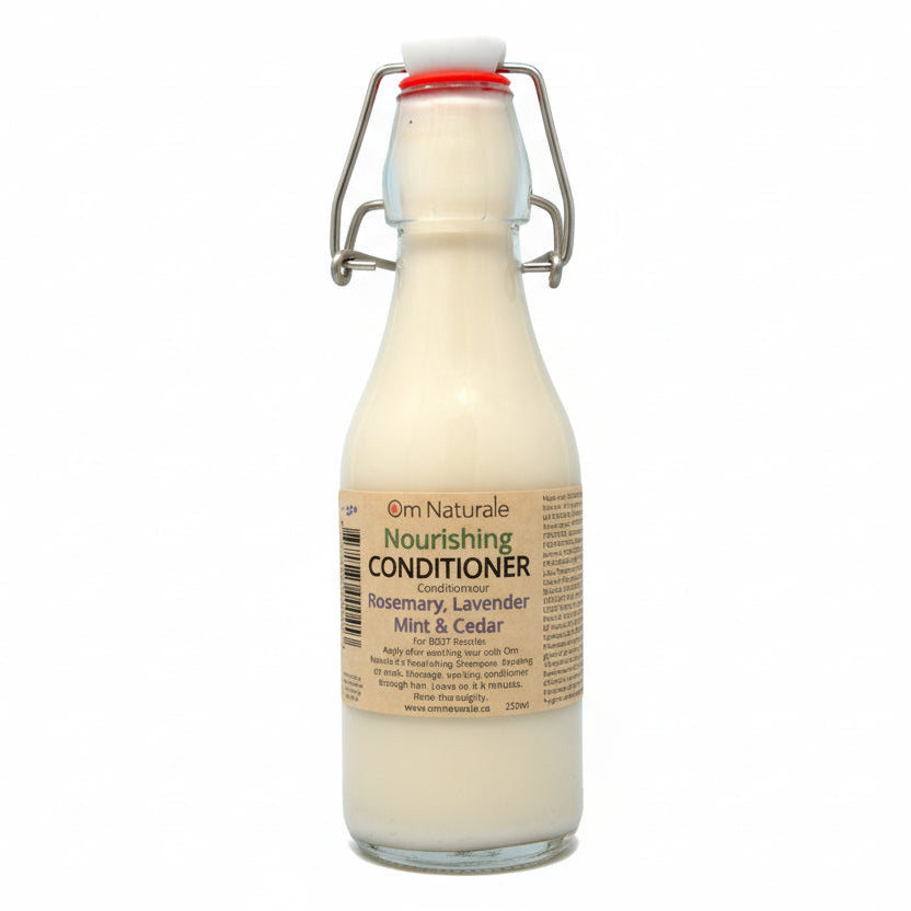 Nourishing Conditioner with Botanical Infusions by Om Naturale – argan oil enriched conditioner in refillable glass bottle, with Omgrown plantain Vancouver Island horsetail for soft silky hair & scalp nourishment, lavender rosemary cedarwood peppermint essential oils, farmcrafted in BC Canada.