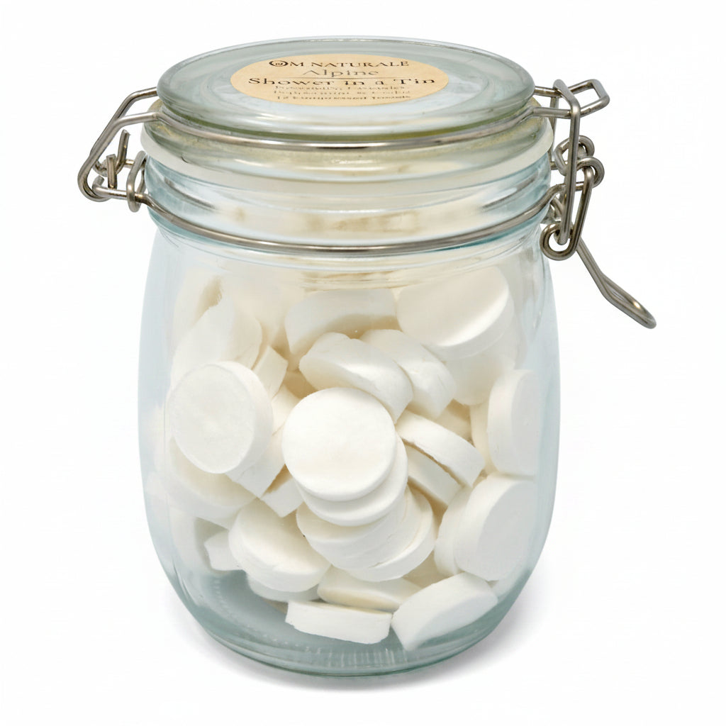 Om Naturale Alpine retail refill jar containing 120 compressed towels.