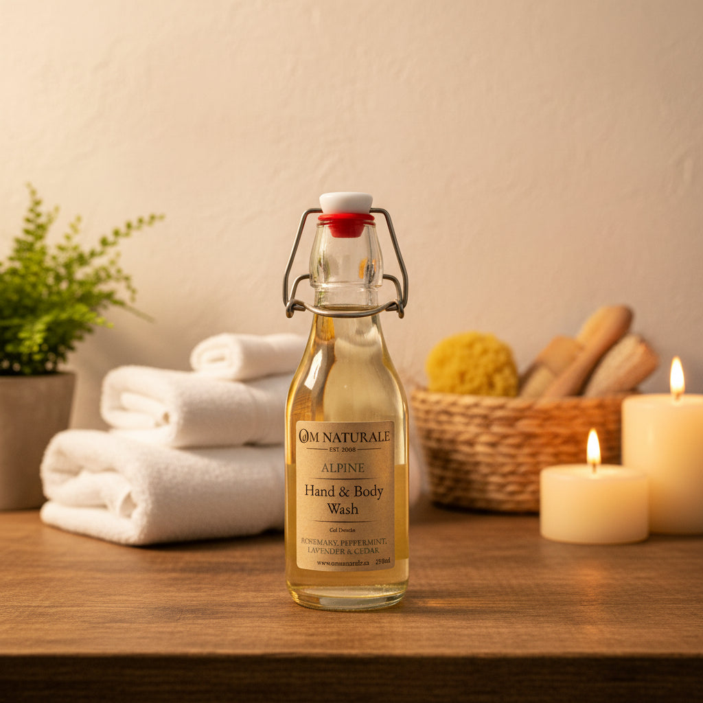Om Naturale Alpine Hand & Body Wash displayed on a wooden bathroom vanity with candles and folded towels.