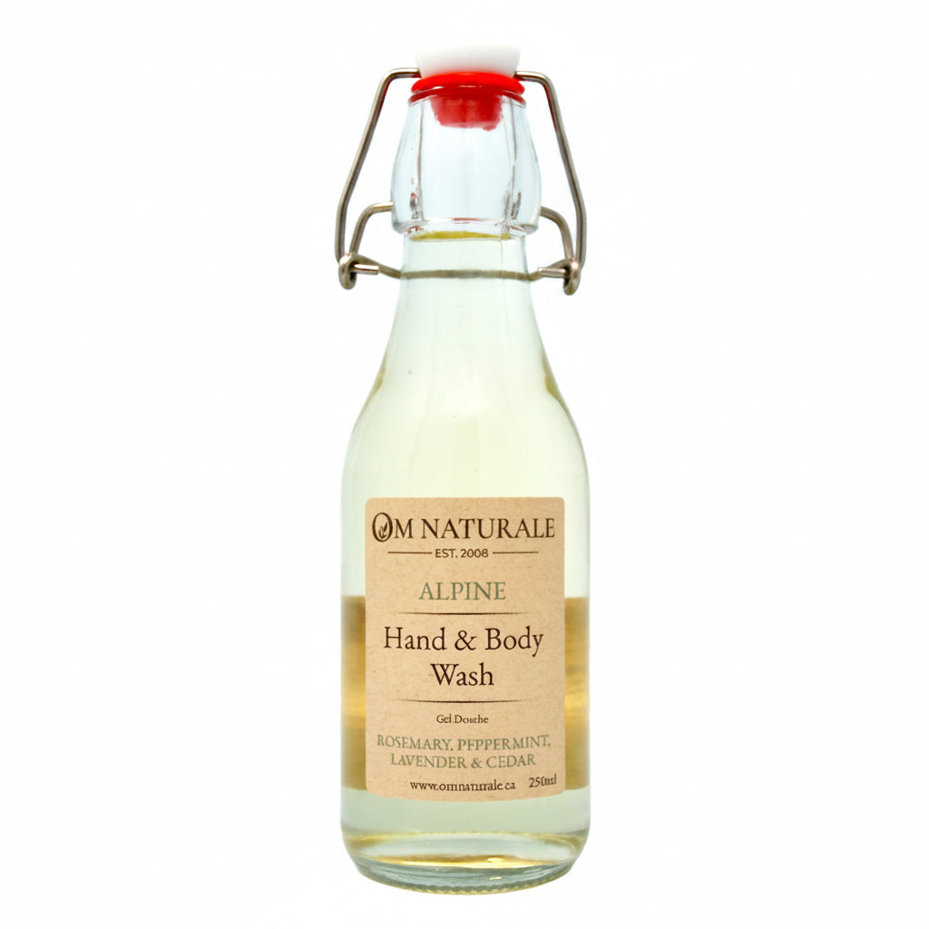 Om Naturale Alpine Hand & Body Wash with rosemary, peppermint, lavender and cedar.