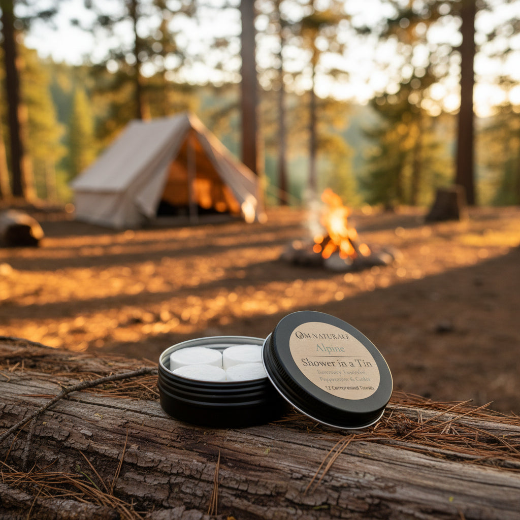 Open tin of Om Naturale Alpine Shower in a Tin showing compressed travel towels.