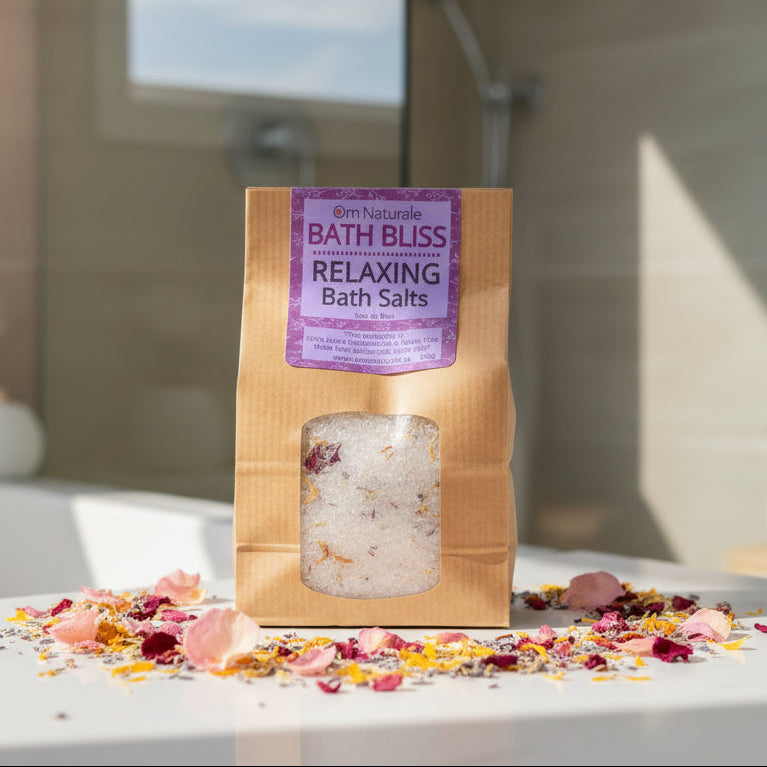 Bath Bliss by Om Naturale made in the Okanagan, BC, Epsom salt soak with wildcrafted St. John’s Wort, roses and essential oils for calming and relaxing baths