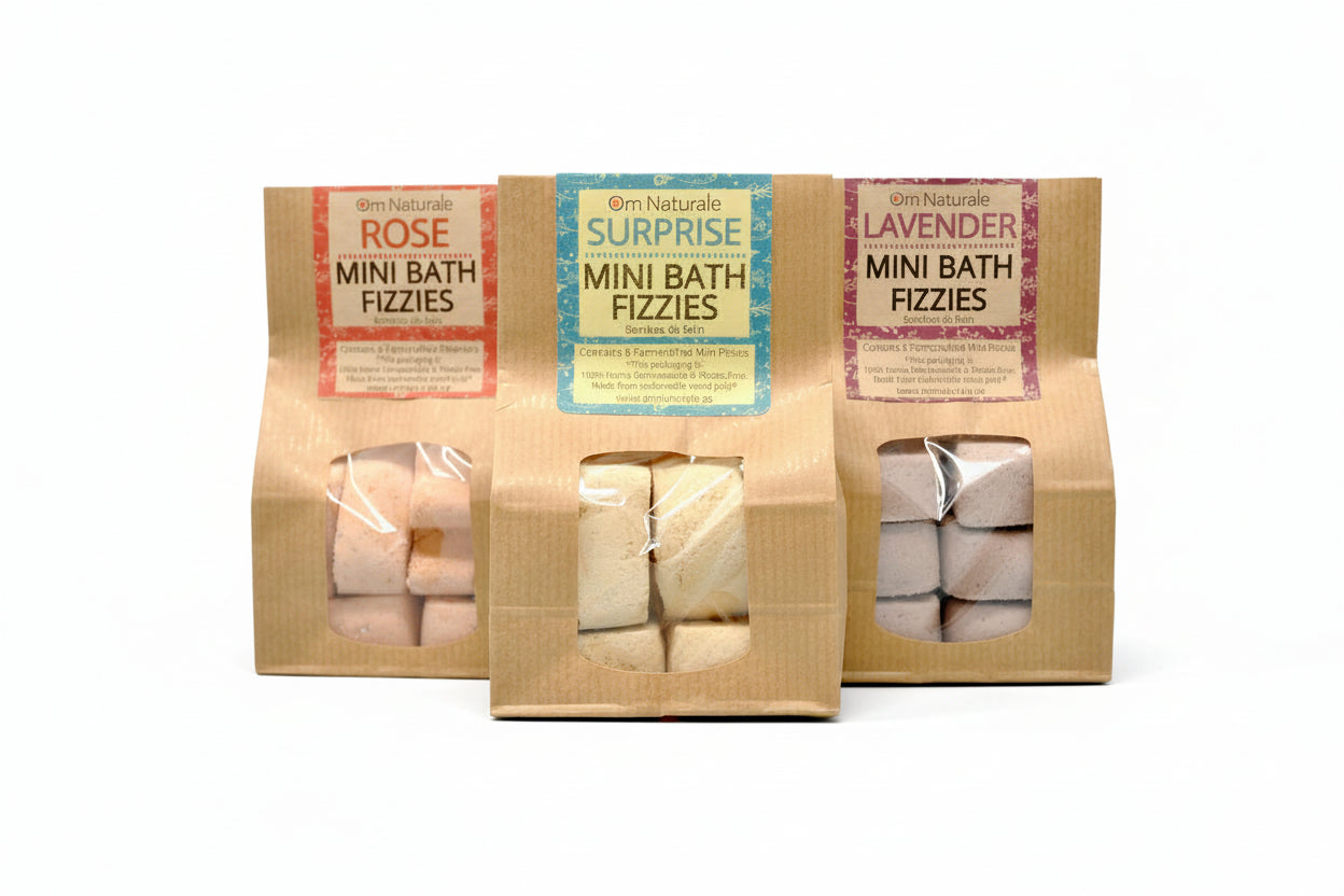 Om Naturale Botanical Mini Fizzies collection with Surprise, Lavender and Rose varieties, plant-based bath fizzies with natural botanicals and essential oils for relaxing, skin-softening baths
