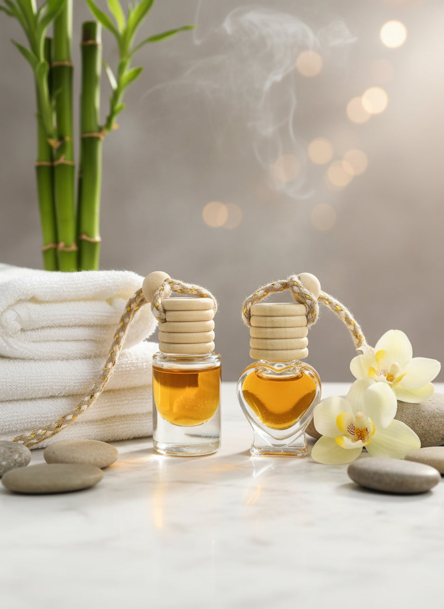 Pair of Om Naturale Buddha Car Diffusers, natural essential oil air fresheners with spearmint, patchouli, lavender and orange for refreshing vehicle fragrance