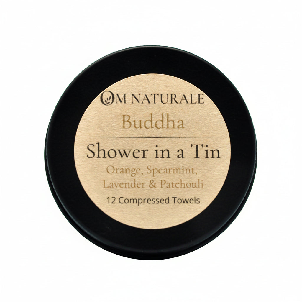 Om Naturale Buddha Shower in a Tin with compressed travel towels.