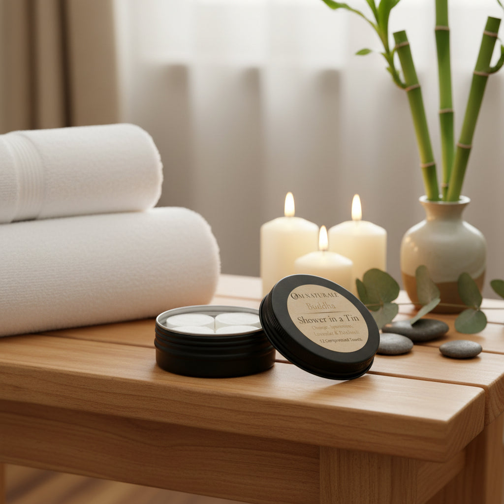 Open tin of Om Naturale Buddha Shower in a Tin showing compressed travel towels.