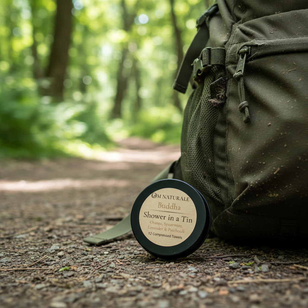 Om Naturale Buddha Shower in a Tin displayed next to a hiking backpack next to a trail.