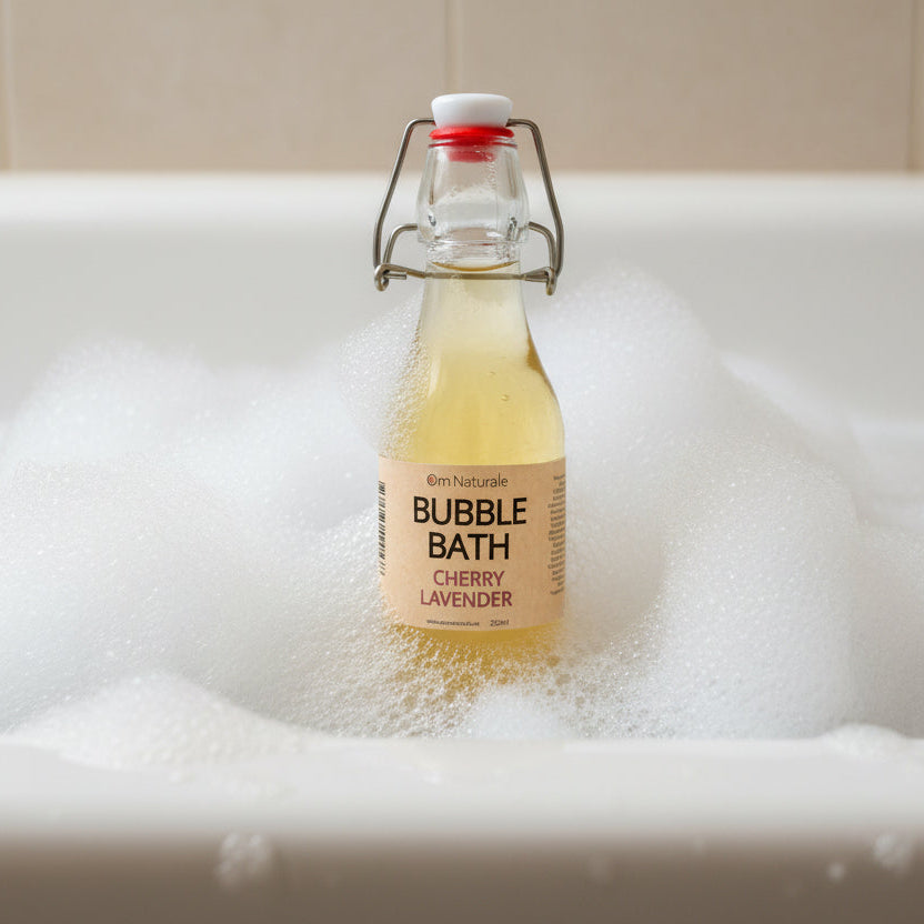 Chamomile & Lavender Bubble Bath by Om Naturale made in the Okanagan, BC, botanical bubble bath with aloe, glycerine and natural cherry extract for soothing bath bubbles
