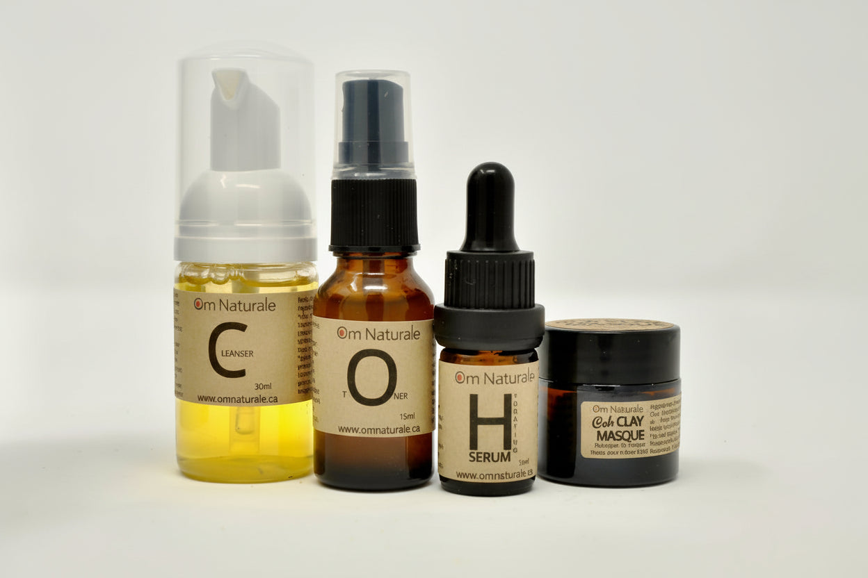 Om Naturale COH Skin Care Collection travel or sample size set with vitamin C cleanser, toner, serum and clay masque, natural plant-based skincare routine for trial or on-the-go use