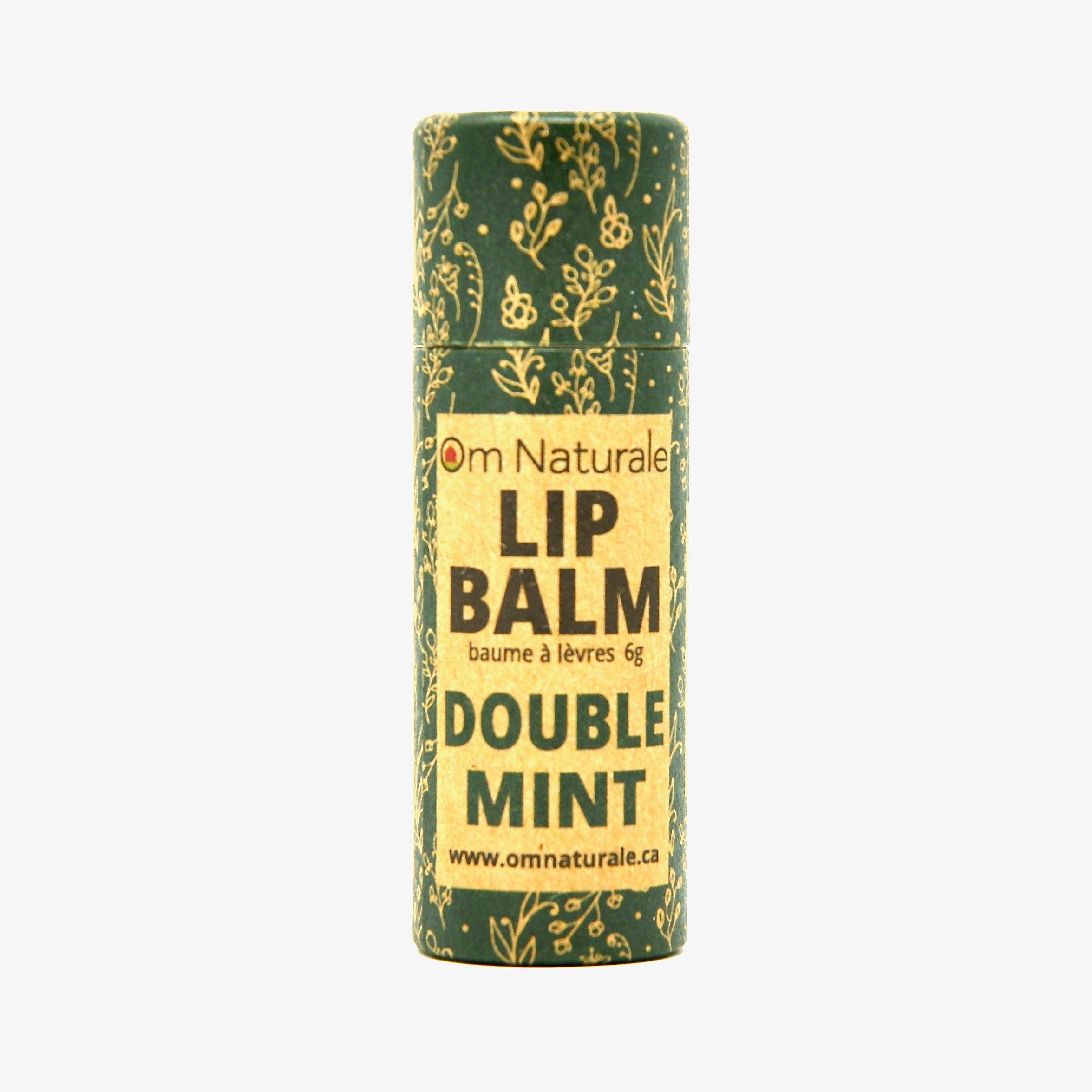 Om Naturale Double Mint Compostable Lip Balm on white background, natural lip balm in eco-friendly compostable tube for soft, hydrated lips