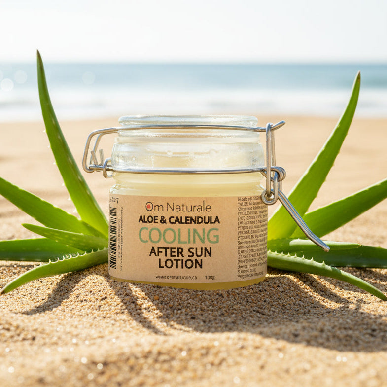 Cool Soothing Aloe Lotion by Om Naturale made in the Okanagan, BC, calming skin lotion with aloe and botanical extracts for after‑sun comfort