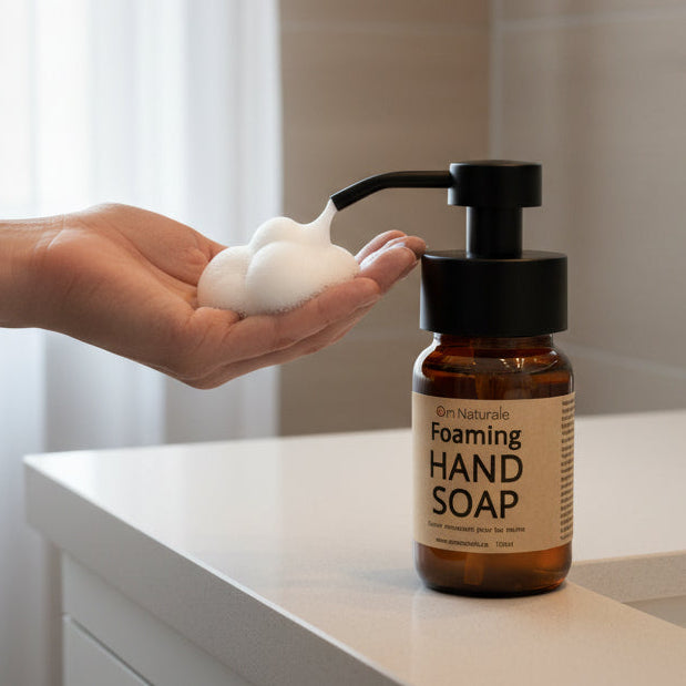 Om Naturale foaming hand soap in refillable glass bottle, small-batch Canadian made plant-based foam soap for hands, feet and body