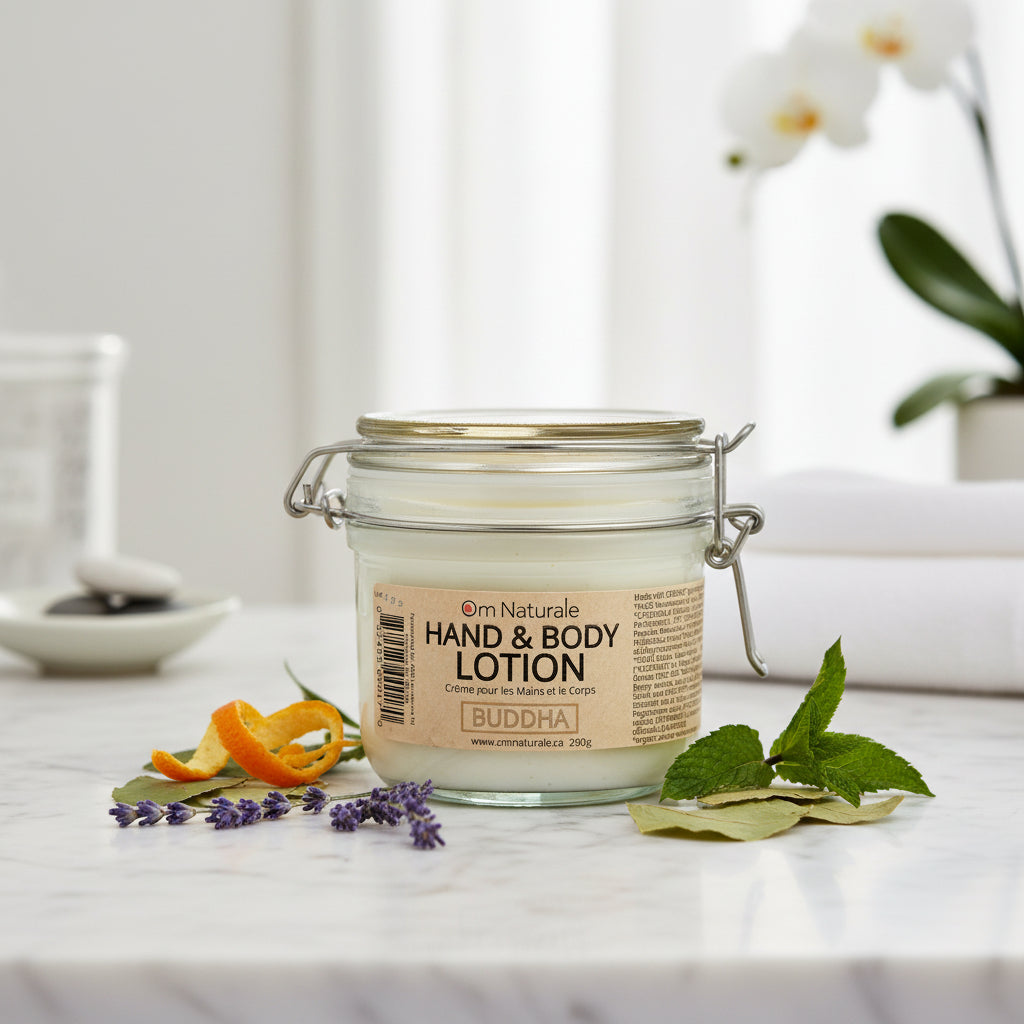 Buddha hand and body lotion by Om Naturale, small-batch Canadian body care lotion with citrus and herbal essential oils