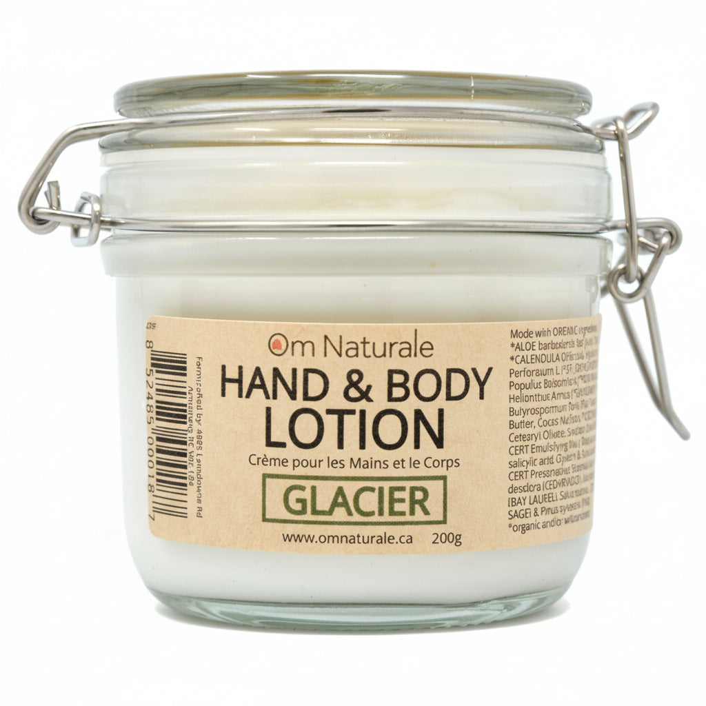 Om Naturale Glacier hand and body lotion, Canadian made natural moisturizer with cedarwood, pine, bay laurel and clary sage oils