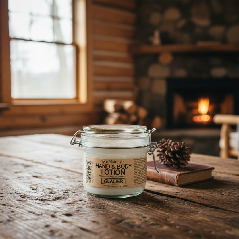 Glacier hand and body lotion by Om Naturale, small-batch Canadian skincare lotion with forest-inspired essential oils