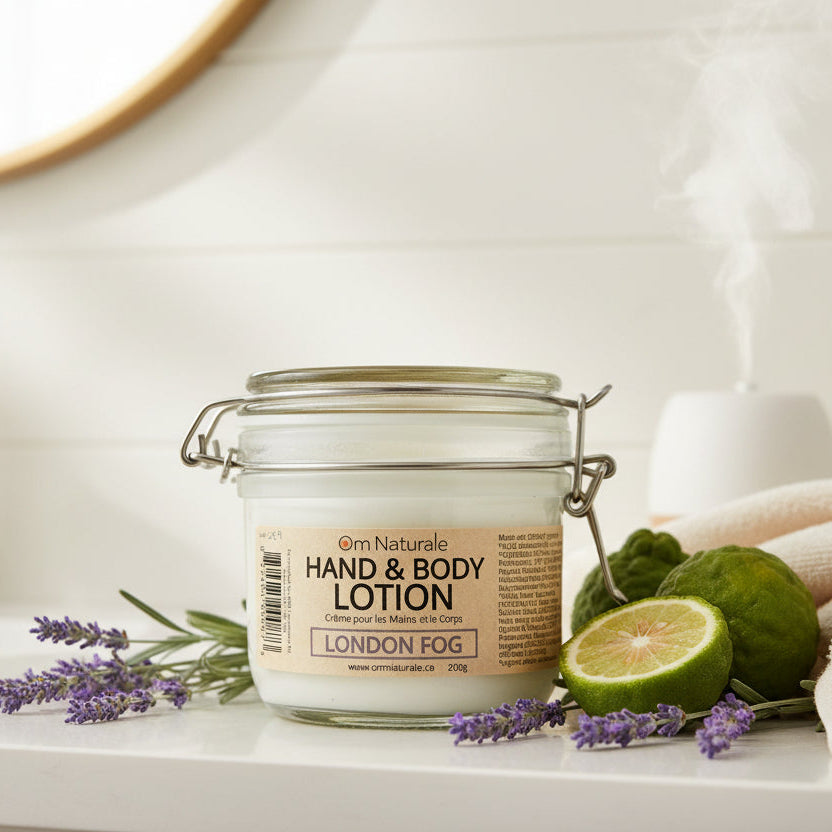 London Fog hand and body lotion by Om Naturale, small-batch Canadian lotion scented with bergamot and lavender