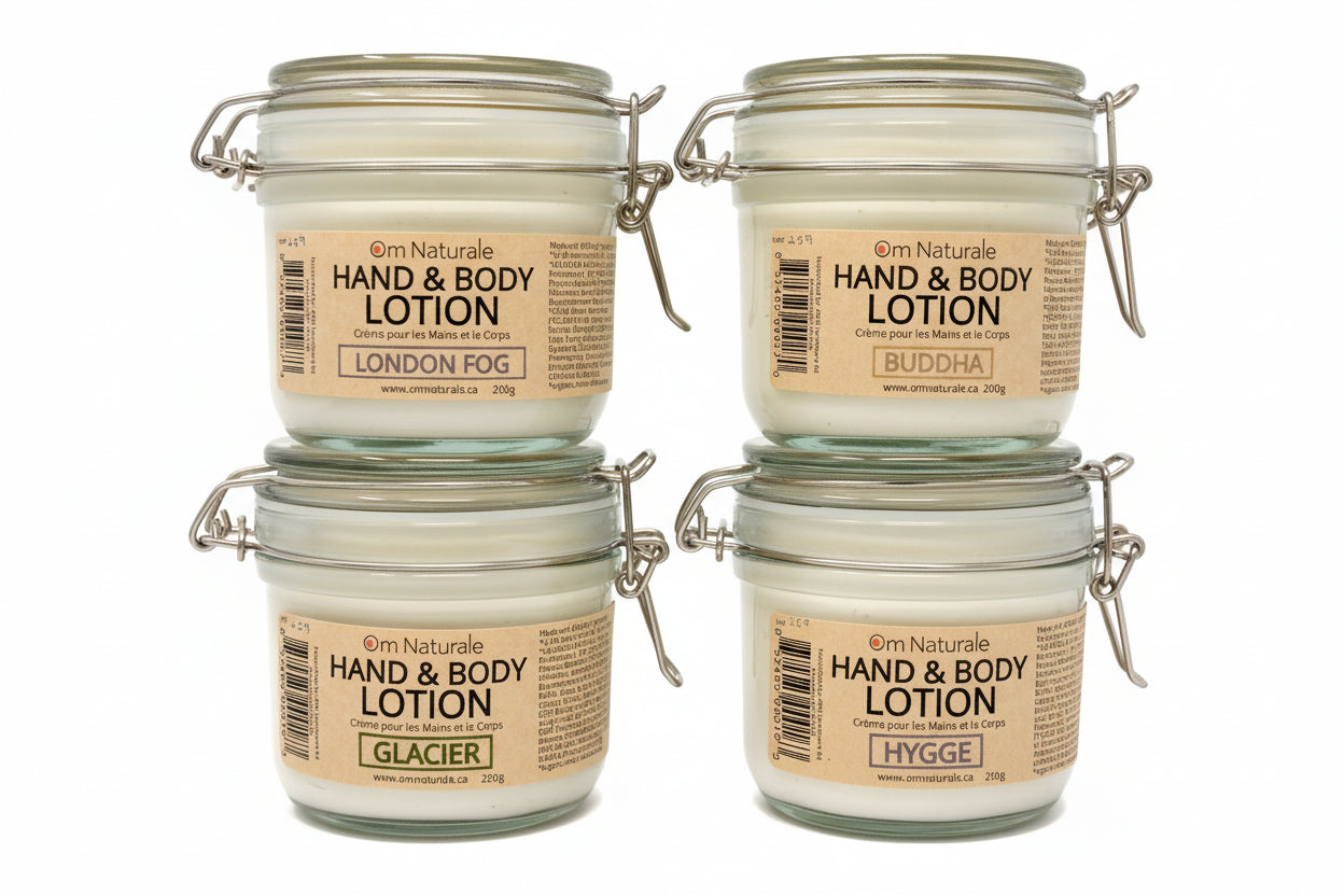 Om Naturale hand and body lotion collection, Canadian made natural skincare with essential oil scented moisturizing lotions