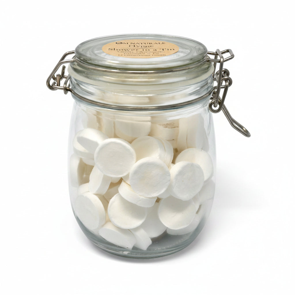 Om Naturale Hygge retail refill jar containing 120 compressed towels.
