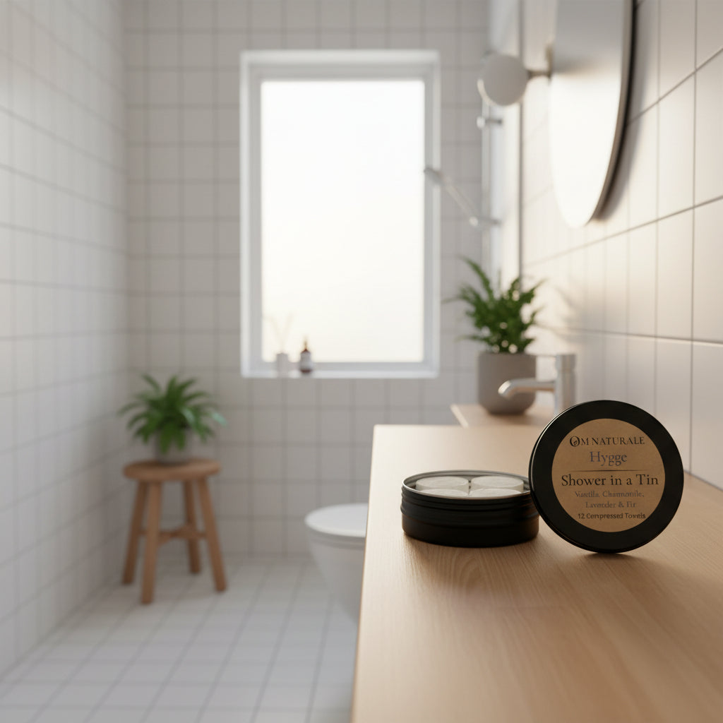 Open tin of Om Naturale Hygge Shower in a Tin showing compressed travel towels.