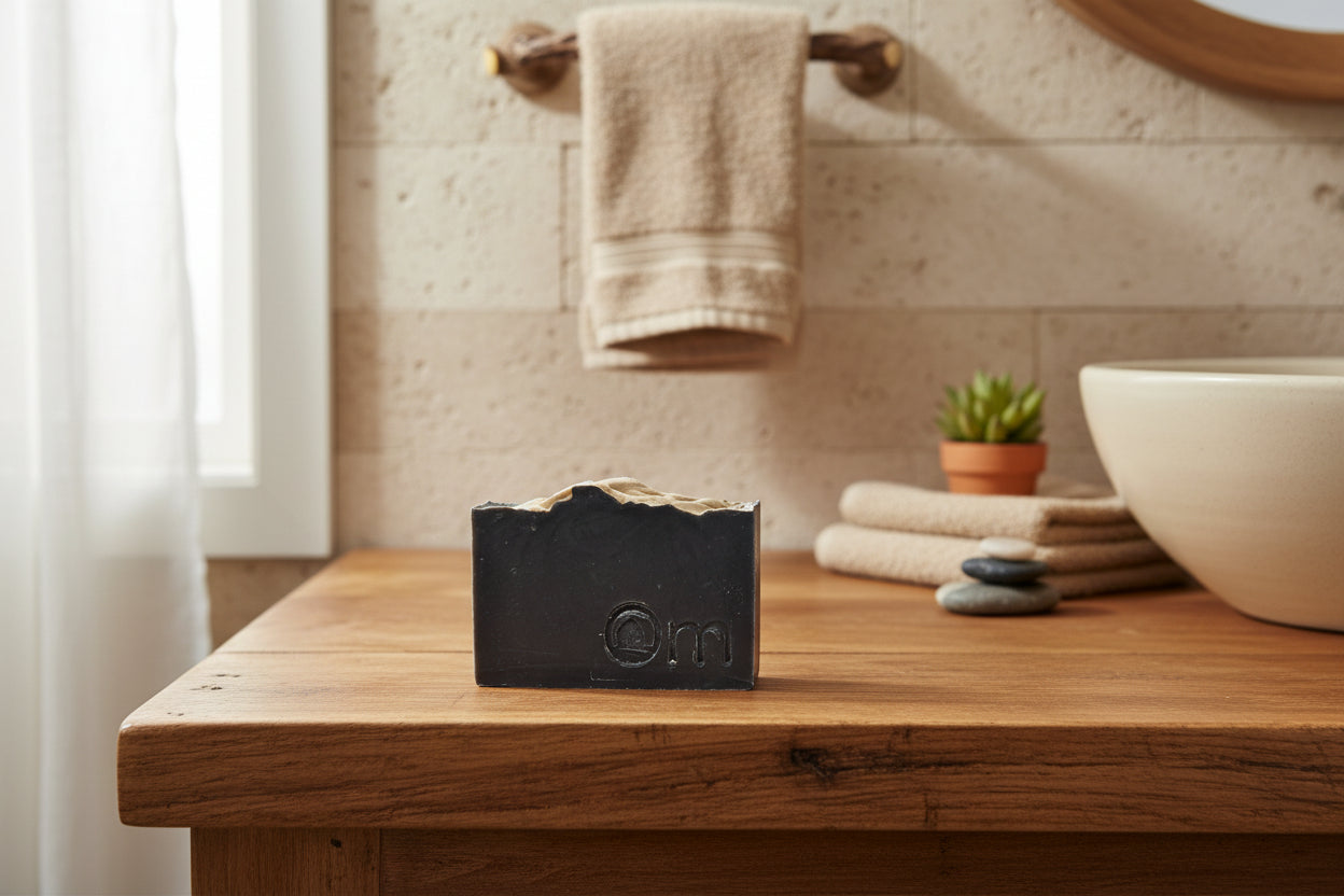 Om Naturale Hygge Farmcrafted Soap styled in a natural bathroom setting, Canadian small‑batch charcoal soap for sensitive skin and self‑care