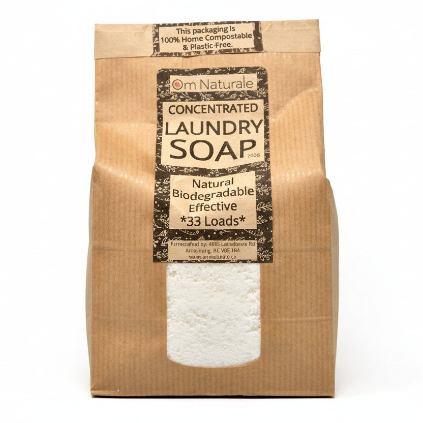Om Naturale Laundry Soap bar on white background, Canadian made natural laundry cleaner with washing soda, borax and citrus essential oils