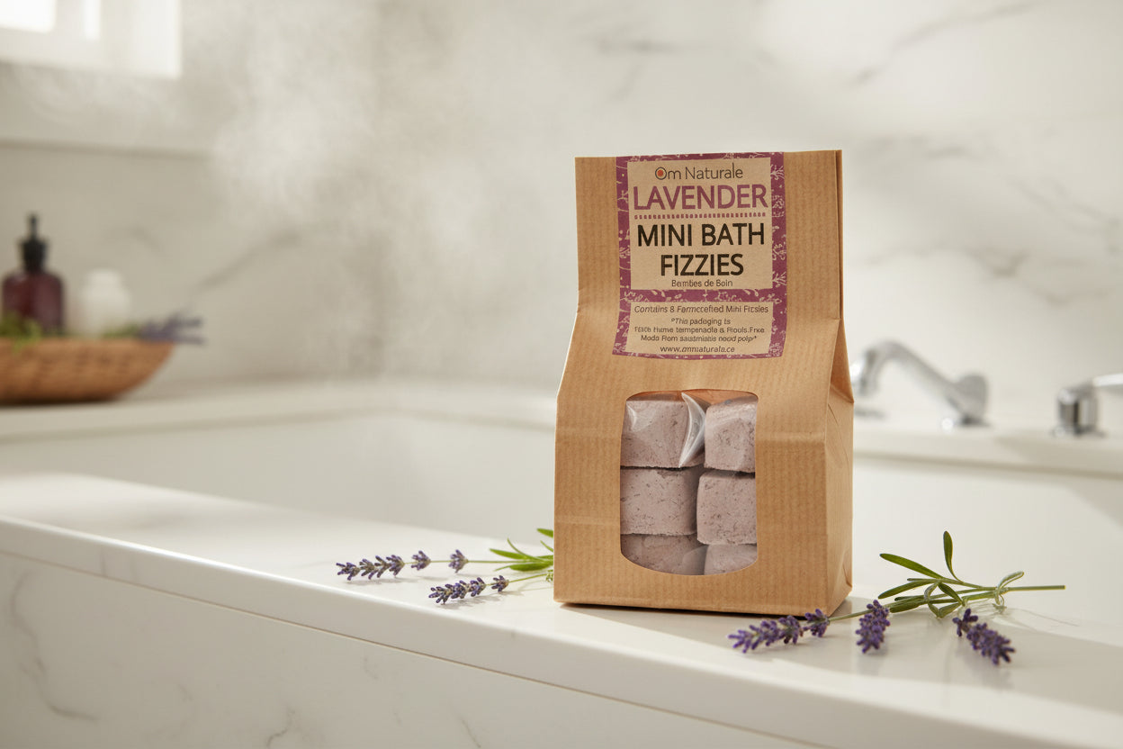 Om Naturale Lavender Mini Fizzies displayed in a bathtub, natural plant-based bath fizzies with lavender essential oil and botanicals for relaxing aromatherapy
