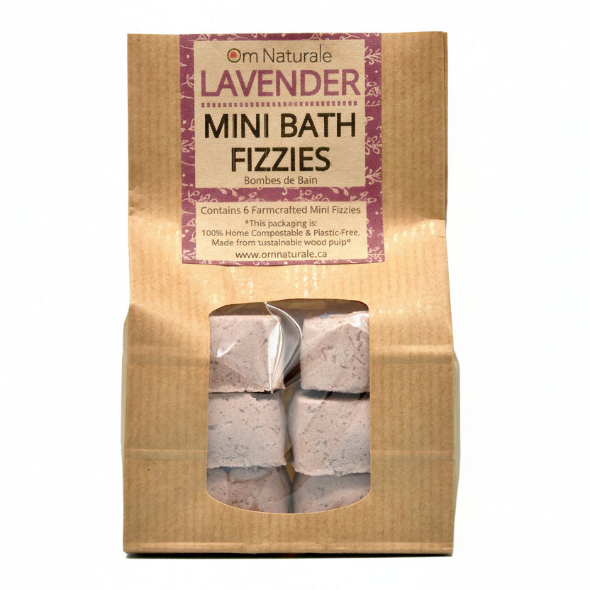 Om Naturale Lavender Mini Fizzies, natural plant-based bath fizzies with lavender essential oil and dried botanicals for calming and soothing bath experience
