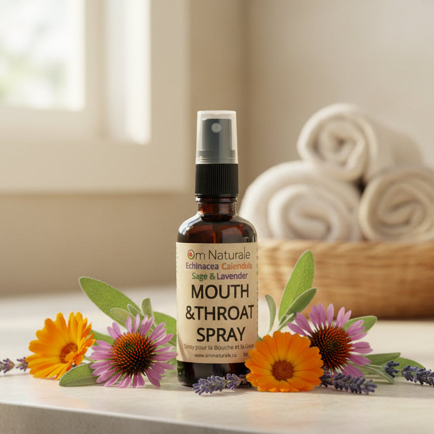 Om Naturale Mouth & Throat Spray styled in natural wellness setting, Canadian small-batch herbal oral care for mouth, gums and throat