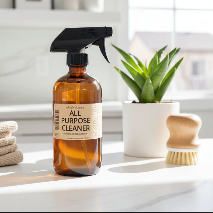 Om Naturale All‑Purpose Cleaner showing natural essential oil blend of lavender, peppermint, orange and eucalyptus with eco‑certified plant‑based surfactant for effective home cleaning.
