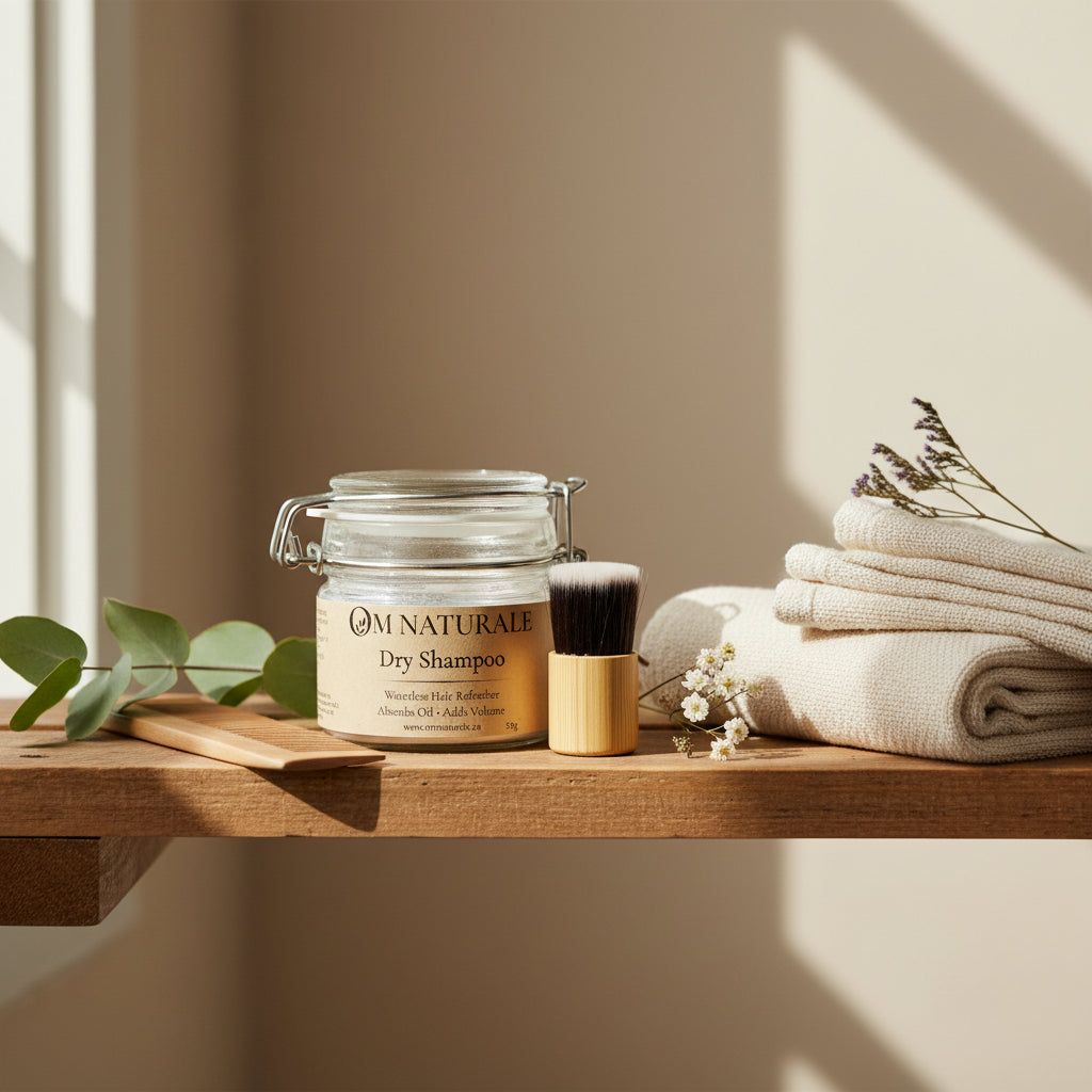 Om Naturale Natural Dry Shampoo displayed with everyday hair care essentials in a warm, natural setting.