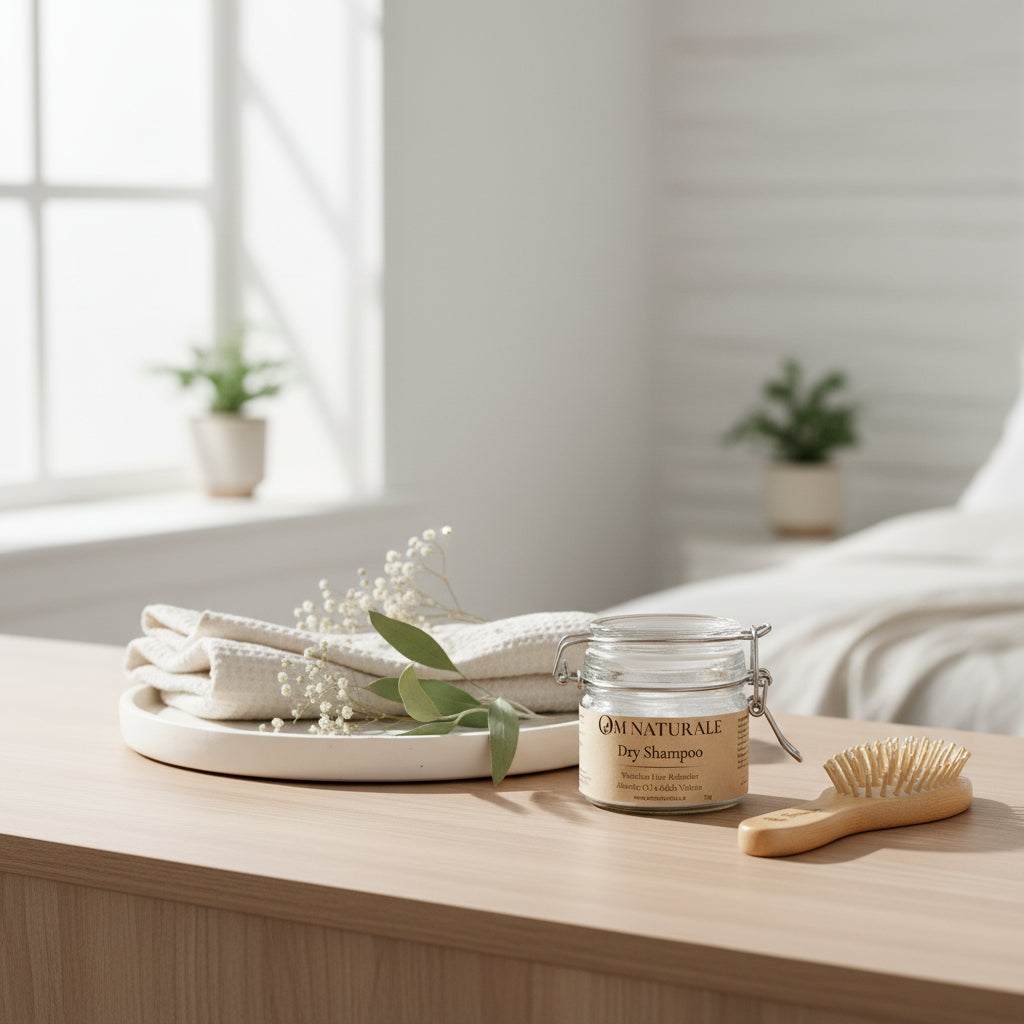 Om Naturale Natural Dry Shampoo displayed on a wooden vanity with natural hair care essentials in soft morning light.