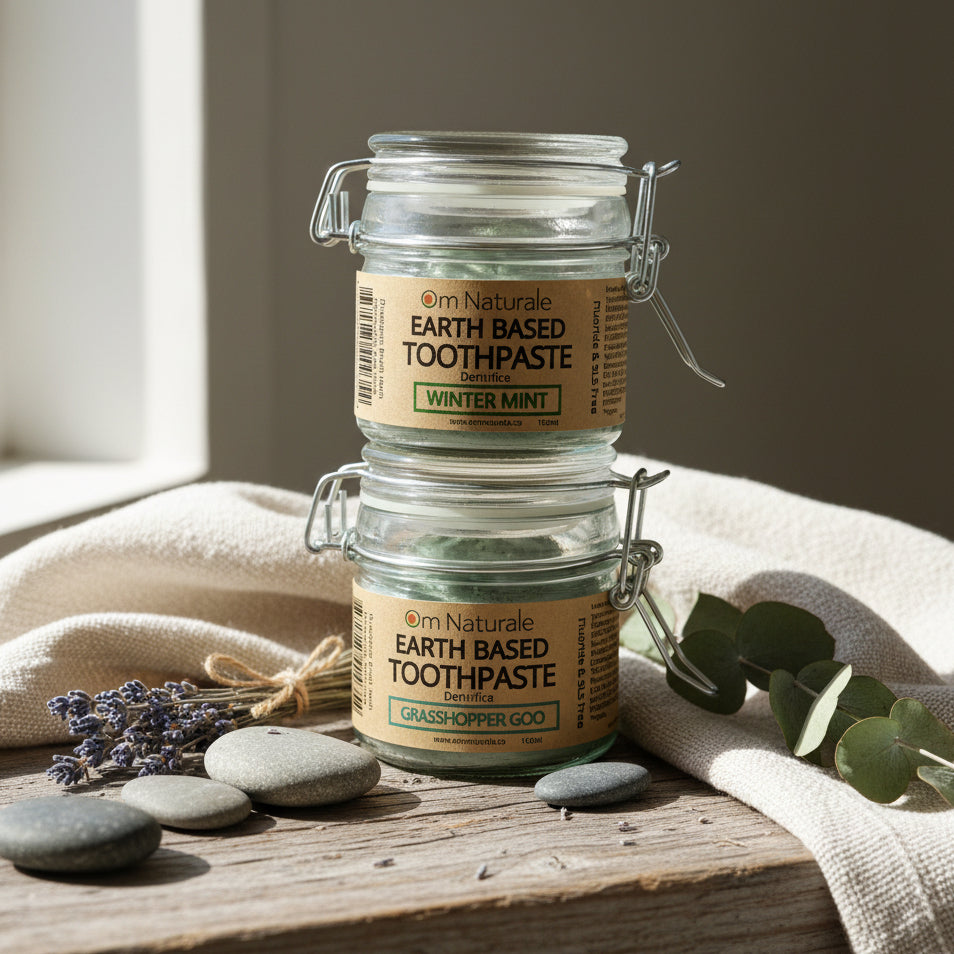 Om Naturale natural fluoride-free toothpaste – Winter Mint and Grasshopper Goo flavors in eco-friendly reusable jars, vegan and organic oral care